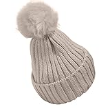 Plus Nao(プラスナオ) 子供用 ニット帽 ファーボンボン付き リブニット ワッチ ビーニー ニットキャップ キッズ ジュニア シンプル 無地 女 - クリーム
