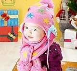 耳まで暖かい ニット帽 ＆ マフラー 星 柄 赤ちゃん から 4歳 くらいまで (ピンク)