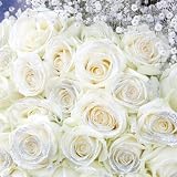 キラキララメ付き白いバラ50本とキラキラ白いかすみ草の花束 クリスマス、お誕生日、お祝いにお届け。花言葉「恋の誓い」。キラキラワイトローズ