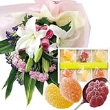花とスイーツ ギフトセット 豪華 ユリ ピンクバラ 花束 と 銀座　千疋屋　フルーティー　洋菓子　詰め合わせ　18個 写真入りメッセージカード