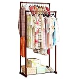 FKUO 衣服ハンガーダブルロッド鉄パイプシンプルなアセンブリバルコニーを取り外すことができます吊り下げ収納衣類ハンガーワードローブ (コーヒー, 70*35*143cm)