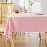 UmiHomeモダンミニマル リネン混紡 フリンジ飾りtablecloth高級 おしゃれ テーブルカバー 撥水 加工 PVC 防水・防汚・防油 長方形テーブルクロス90X140ピンク