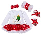 YK&loving ロンパースチュチュ ベビー クリスマス 女の子 4点セット ロンパーススカート付き 髪飾り レッグウォーマー シューズ クリスマスツリー柄 サイズ80