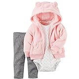カーターズ（Carter's）女の子用ベビーピンクふかふか3D立体耳フード付きジャケットx黒グレーボーダーコーデパンツ上下3点セット (18months(78-83cm)) [並行輸入品]