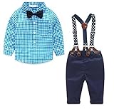 ベビー男の子紳士ボウタイシャツサスペンダーパンツファッション格子柄衣装セット カラー: ブルー