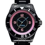 MetroImagings ダイバータイプ スポーツ 腕時計 ステンレスオールブラック(文字盤ブラックxピンク)