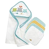 Just Born Just Bath Love to Bathe Knit 5-Piece Hooded Towel and Washcloth Set, Hippo by Just Born