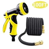 伸びるホース 伸縮ホース マジックホース 3倍に伸びる 超強化素材 銅製コネクタ 9パターン散水ノズル ガーデニング 花園 洗車 掃除用 黒 (10m→30m(100FT))