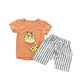 Pojour ベビーＴシャツ 夏　男の子女の子服　かわいいキリン柄トップス　上下セット　ストライプショートパンツ　キッズお出かけ服　ガールズ　赤ちゃん　幼児　子供服　キッズ服　綿 70-100CM