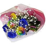 バラ・レインボーローズミラクルと青いバラブルーローズの夢のブーケ　花言葉は虹色バラは「無限の可能性」青いバラは「神の祝福」