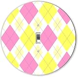Rikki Knight RND-LSPS-153 Argyle Round - Single Toggle Light Switch Plate, Pink/Yellow [並行輸入品]