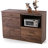 LOWYA （ロウヤ） 食器棚 キッチンカウンター 熱・湿気がこもりにくいモイス加工 引き出し3杯 スライドレール リアル木目 幅120cm 国産 アンティーク調 ブラウン おしゃれ