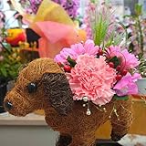 誕生日や記念日お祝いにフラワーアレンジメントピンク系（オリジナルデザイン）犬と花のプレゼント