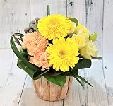 《 フラワー ギフト プチ アレンジメント 》 生花 季節のお花 おまかせ 黄色 オレンジ 系 メッセージカード付 お祝い お誕生日 スタイリッシュ
