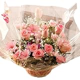 【日時指定便(20日後迄)】バラ　ピンク　アレンジ　お誕生日・記念日に　Pink roses wih basket for birthday or anniversary gift (日時指定便)