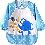 防水のかわいい漫画長袖幼児幼児赤ちゃんのための授乳よだれかけエプロン、0-3歳 (青-象)