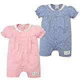 (ネイビー/80cm) ベビー服 女の子 ロンパース 半袖 オパール花柄プリント レース フリル ワッペン 前開きスナップボタン 女児 ベビー