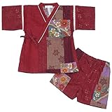 【日本製】【綿100％】和柄切替 甚平スーツ WAGARA レッド◇120cm