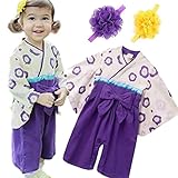 クラシカルな紫色★袴ロンパース豪華お花のヘッドバンド2種セット★　着物　ロンパース　袴オール　年賀状　撮影　ヘッドバンド　お花　セット　０歳　１歳　２歳　記念写真　コスチューム　ハーフバースデー　バー