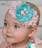 ☆きれい色オーガンザローズとラインストーンのヘアバンド☆ピンク＆アクアブルー