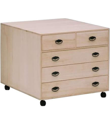 押入れ収納　桐4段箪笥　花模様の取っ手付き 総桐 押入れタンス 4段 深型 キャスター付 日本製 幅75cm （ 桐