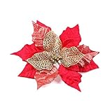 Shengyuan Pack of 6 Glitter Artificial Wedding Christmas Flowers Red Glitter Poinsettia Christmas Tr
