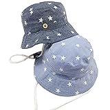 eipatu 子供帽子　キッズ　ハット アウトドア　折りたたみ　テンガロンハット　　UVカット コットン　星柄　紐つき　男の子　女の子　 (ライトブルー)