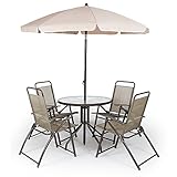 LOWYA （ロウヤ） 傾き調節 パラソル付き ガーデンテーブル 6点セット ガラステーブル 折り畳み メッシュチェア 4人掛け