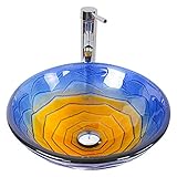 Homelava 洗面ボール ガラス 洗面台 洗面ボウル 手洗器 手洗い器おしゃれ 強化ガラス製 排水金具付 洗面台彩色上絵 洗面鉢 手洗い器 蛇口なし (A-ブルー)
