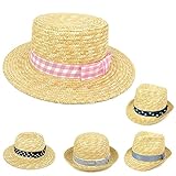 (タイプB/52cm)子供 麦わら帽子 女の子 チェック ドット ボーダー ストライプ 女児 キッズ ベビー 【ノーブランド品】