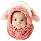 子供用 もふもふ ひつじ ニット帽 ネックウォーマー 防寒 アニマルフード 男の子 女の子 兼用 (ピンク)