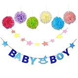 Baby Boyホオジロバナーベビーシャワー赤ちゃん誕生日パーティーガーランドwith Little Starガーランドとのセット6カラフルティッシュポンポン付き装飾ボール