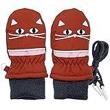 2017年 猫刺繍 スノー手袋 防寒衣料 撥水加工 ミトングローブ レンガ◇1-2才寸