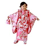 「【72】ピンク地に桜と蝶/被布：赤」七五三 着物 3歳 被布着物7点セット