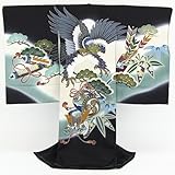 お宮参り 着物 男 「黒色地に大鷲と兜に太鼓  薄青緑色のぼかし 金彩」