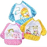 ベビー 長袖 エプロン 子供 幼児 スモック 食事用 動物柄 キャッチポケット付き 全3色 1歳 2歳 3歳 (三色セット)