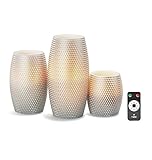 Set of 3 Honeycomb Carvedワックスフレイムレスキャンドル、8関数リモート、電池付属 シルバー LC003691