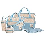 多機能 親子バッグ マザーズ バッグ 5点セット 収納鞄 哺乳瓶袋 弁当袋 おむつパッド 斜め掛け おむつポーチ お出かけ 旅行用 (ライトブルー)