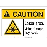 Brady 144537 Aluminum "CAUTION Laser Area Vision damage may result" Sign, 10" Height x 14" Width, Bl