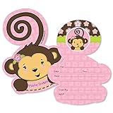 Monkey Girl – Shaped fill-in招待状 – ベビーシャワーまたは誕生日パーティー招待カード封筒付き – 12のセット