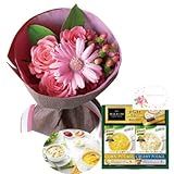 花とスイーツ ギフトセット かわいい ピンク バラ ミックス花束 と クノールスープとコーヒーセットA 写真入り・名入れメッセージカード