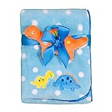 Baby Gear Baby Boys 2 Piece Plush Blanket with Applique & Security Gripping Toy Set, Blue Orange Din