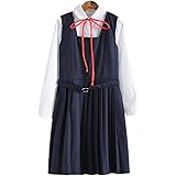 [QIAOM] ジャンパースカート 学生 セーラー服 ワンピース ベルト 長袖 制服 高校生 3点セット シャツ ワンピース リボン 普段着 コスプレ コスチューム レディース
