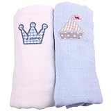 Minene Muslin Squares with A Embroidered Crown and Boat (2 Pieces, White and Light Blue) by Minene