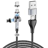 USB-A/C両用6in1マグネット磁気充電ケーブル 60W/3A急速充電+同期データ転送 7ピン端子 7pin L字兼用 540度回転 USB Type-C、ライトニング、MicroUSBケーブル 充電器 QC急速充電ケーブル 磁石 着脱式 i0S Android USB Magnetic Charging Cable LED付き Cosmic3C HIAC57 (２メートル)