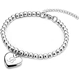Jewelry Kingdom 1 Initial Bracelet for Women Girls Engraved A-Z Letters Alphabet Heart Charm Beads Bracelets Stainless Steel 
