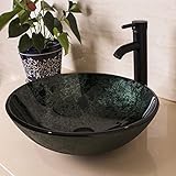 bathjoyダークグリーンArtistic強化ガラス容器シンク浴室ボウルwith Oil Rubbed Bronze蛇口とポップアップドレイン