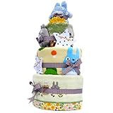 トトロ おむつケーキ おもちゃ タオル 3枚付 豪華 名入れ刺繍 3段　お楽しみおむつけーき　どんぐり拾いミニタオル　パンパースＳサイズ　となりのトトロ　タオル3枚付【出産祝い/内祝い】