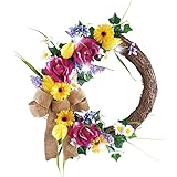 LED照明付きpre-lit Black Eyed Susan with Roses and黄麻布Bow 16 " Wreath、マルチカラー