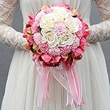 ウェディングブーケ 結婚式　二次会　花嫁　造花の　花束　リボン付き　おしゃれ　フラワー (紫＋ピンク)